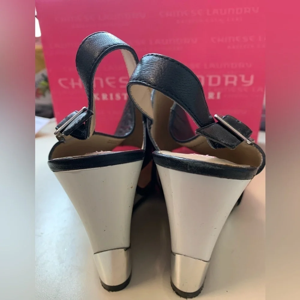 Kristin Cavallari Chinese Laundry Black&White Ankle Strap Wedges Chrome -size 9